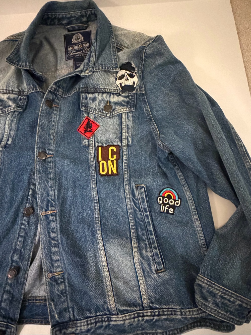 American Rag Washed Blue Denim Patchwork Jacket - Picture 4 of 6
